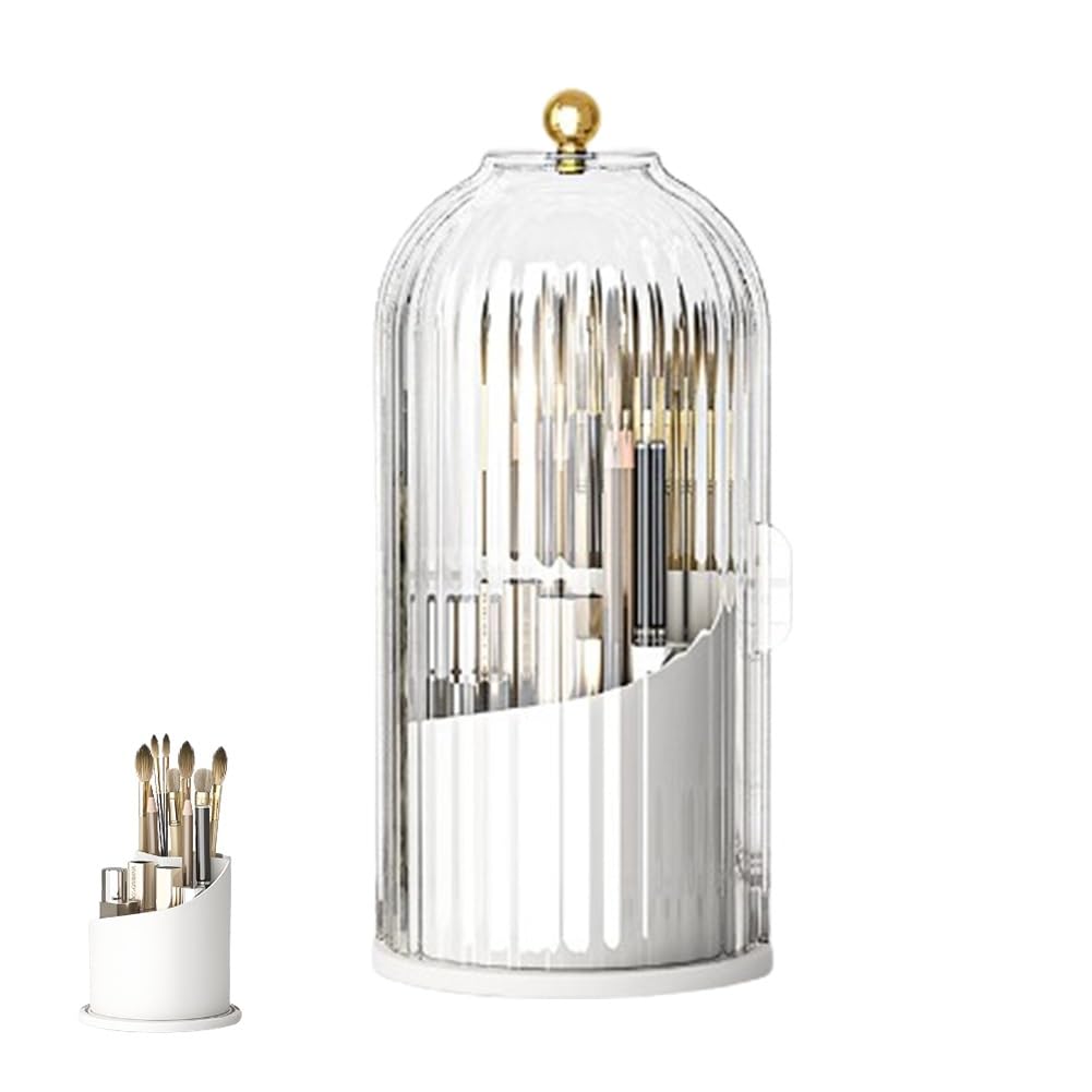 Transparent white concealed toothbrush holder and makeup brush organizer with cover, 360 rotating waterproof bathroom countertop storage.