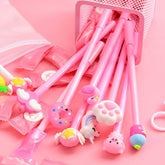 Pink cartoon gel pen from Everyday Needs and Wants student stationery set, featuring cute character designs and colorful ink.