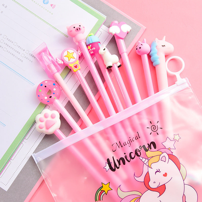 Cute pink cartoon gel pen from Everyday Needs and Wants student stationery set with colorful designs and smooth ink.