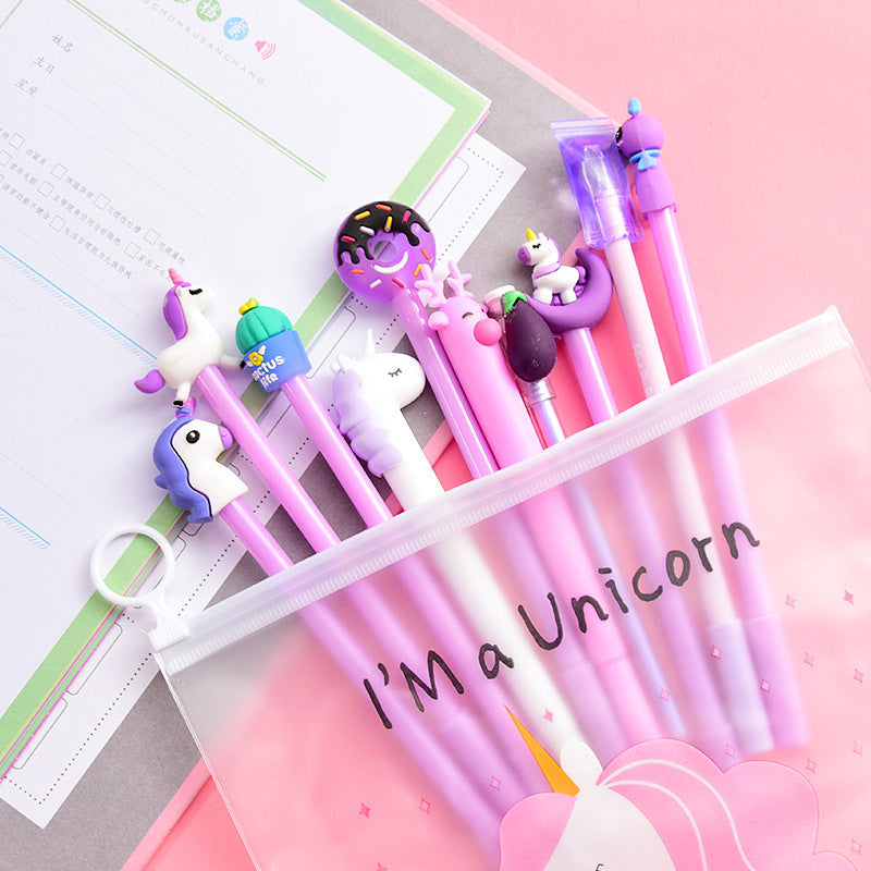 Pink cartoon gel pen from Everyday Needs and Wants stationery set, featuring cute character designs for students.