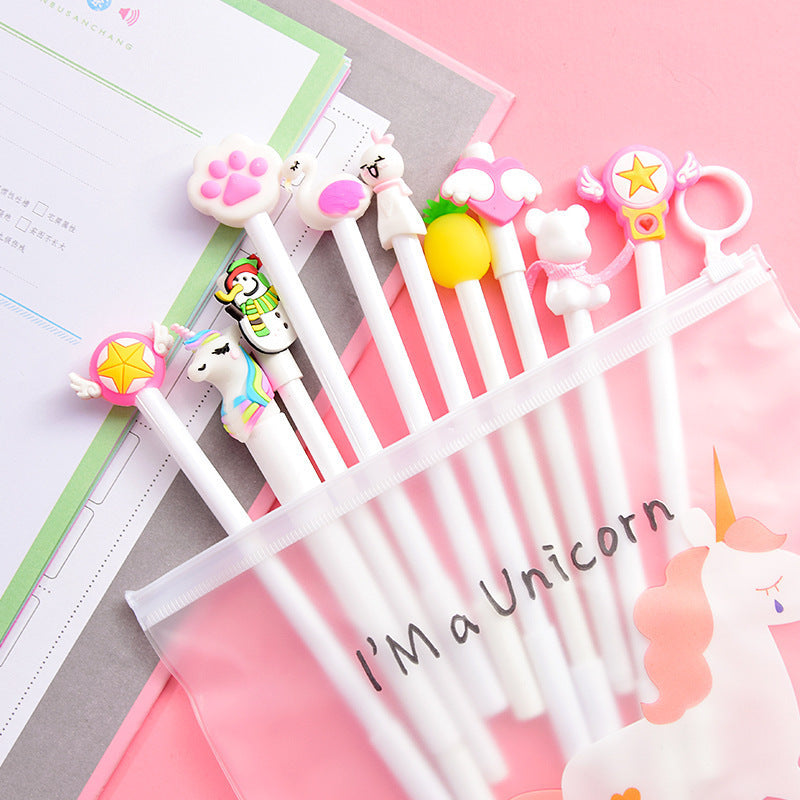 Pink cartoon gel pen from Everyday Needs and Wants student stationery set with playful character designs.