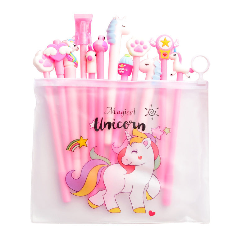 Pink cartoon gel pen from Everyday Needs and Wants student stationery set, featuring cute animal designs and colorful ink.