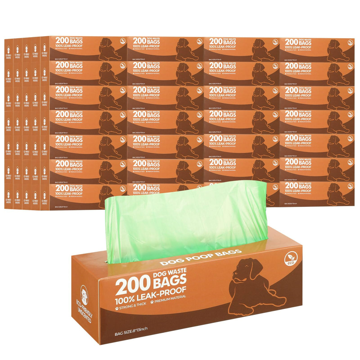 Dark green 50-roll pack of dog waste bags from Everyday Needs and Wants, leak-proof thick plastic trash bags for pet waste cleanup.