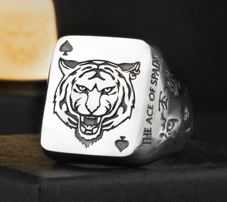 Silver spade ring featuring Chinese Zodiac Tiger design, stylish jewelry by Everyday Needs and Wants.
