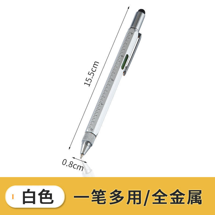 Everyday Needs and Wants multifunctional metal pen with touchscreen stylus and built-in tools, shown on a white background.