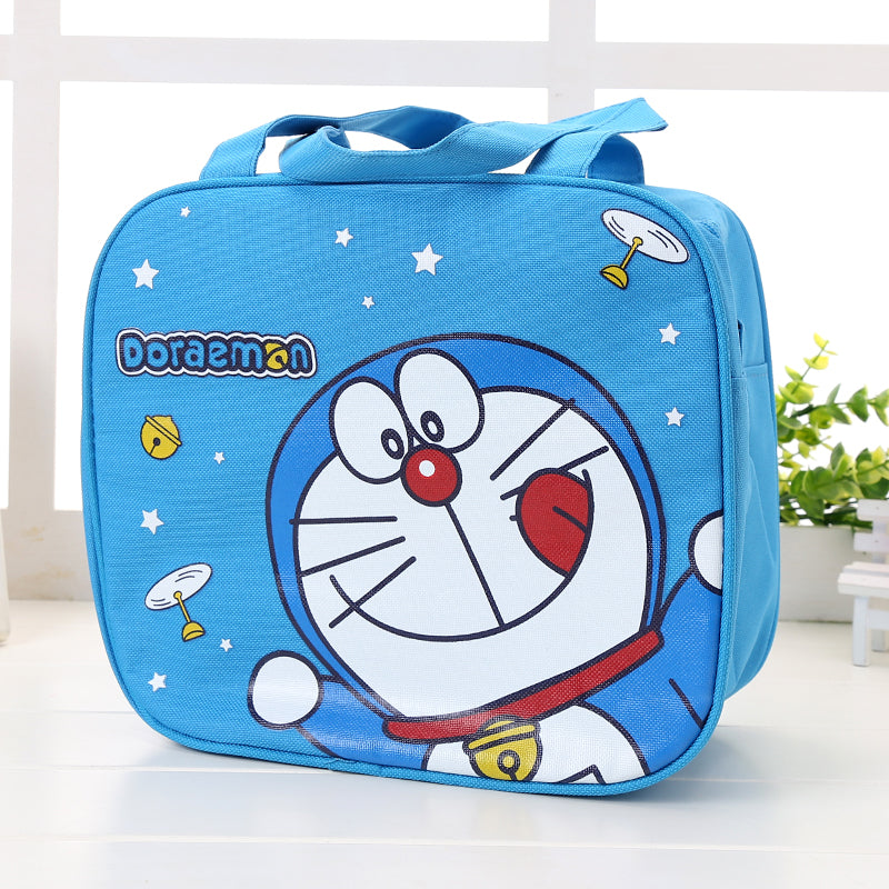 Doraemon cartoon insulated lunch bag for students with colorful character images, featuring handles and a zip closure.
