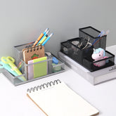 Creative metal four-grid pen holder for office use, with compartments for pens, pencils, and stationery organization.