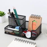 Creative metal four-grid pen holder for office use, with multiple compartments for organizing pens, pencils, and stationery.