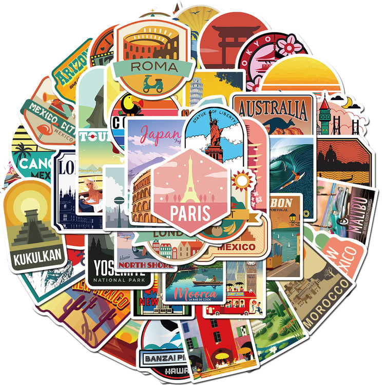 Set of 50 waterproof city landscape graffiti stickers featuring vibrant urban artwork for decorating and personalizing surfaces.