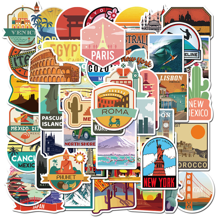 Set of 50 waterproof city landscape graffiti stickers by Everyday Needs and Wants, featuring vibrant urban street art designs.
