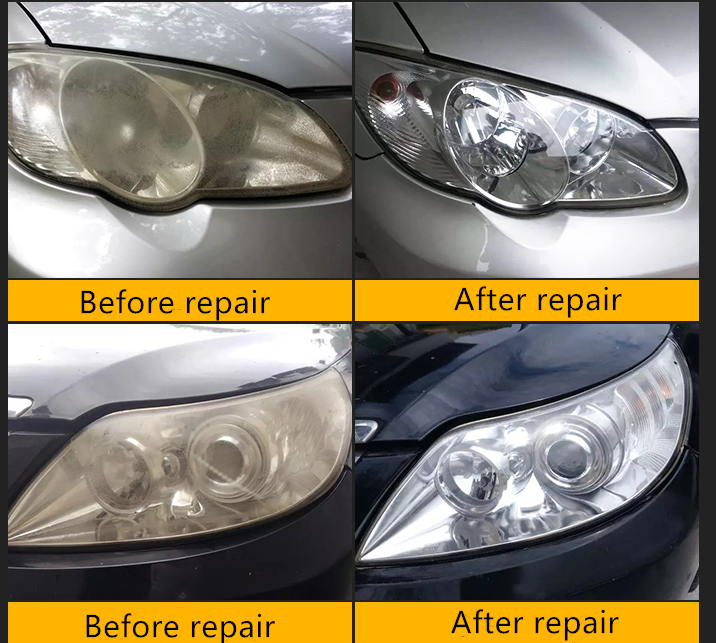 Headlight restoration kit with repair fluid and tools for restoring cloudy or yellowed car headlights.