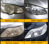 Headlight restoration kit with repair fluid and tools for restoring cloudy or yellowed car headlights.
