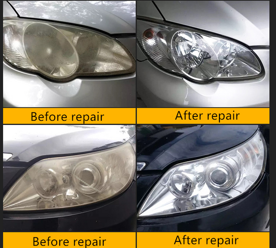 Headlight restoration kit with repair fluid and tools for restoring cloudy or yellowed car headlights.