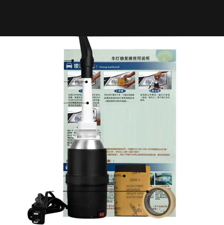Headlight restoration kit with repair fluid and tools for restoring cloudy or yellowed car headlights.