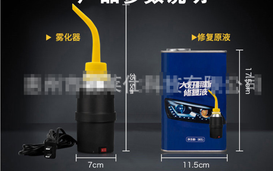 Headlight restoration kit with repair fluid and tools for restoring cloudy or yellowed car headlights.