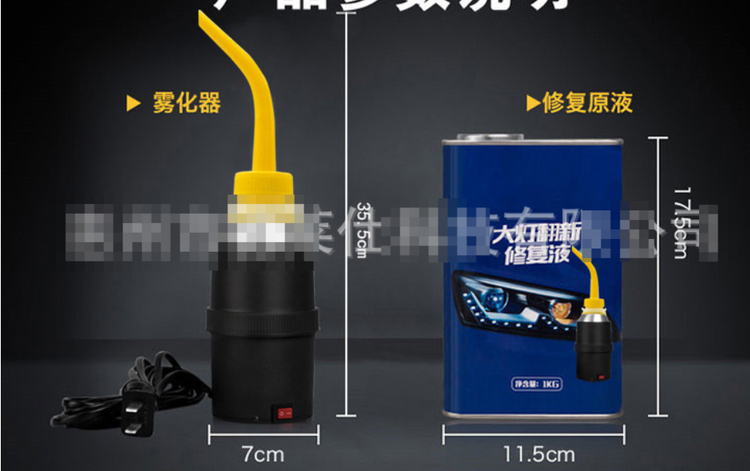 Headlight restoration kit with repair fluid and tools for restoring cloudy or yellowed car headlights.