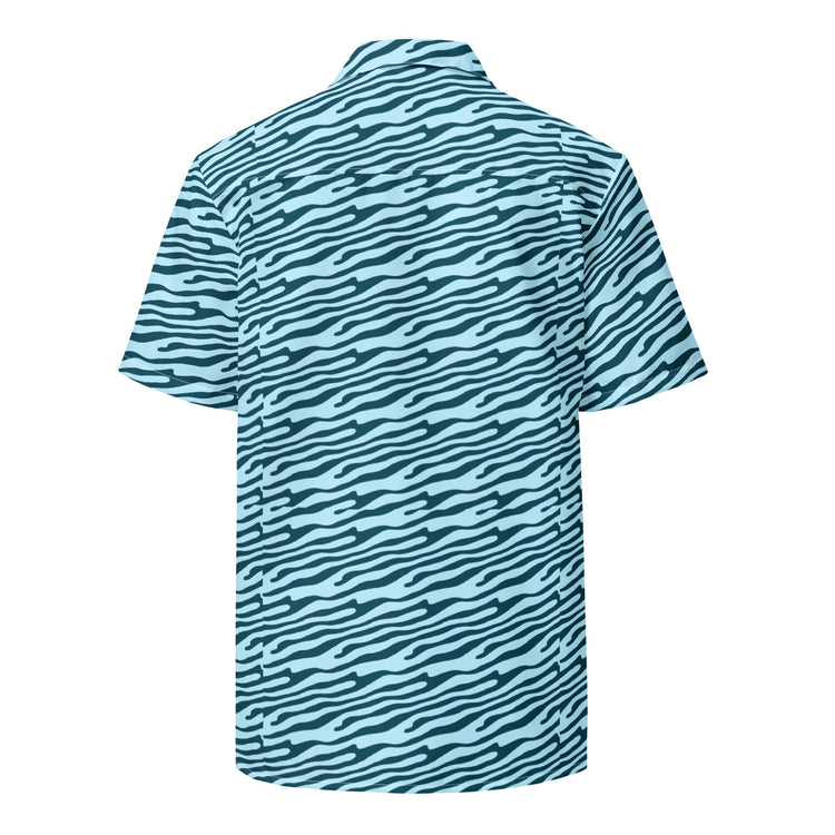 My Store Steady Tide button-up shirt featuring a classic collar and striped pattern, displayed on a hanger.