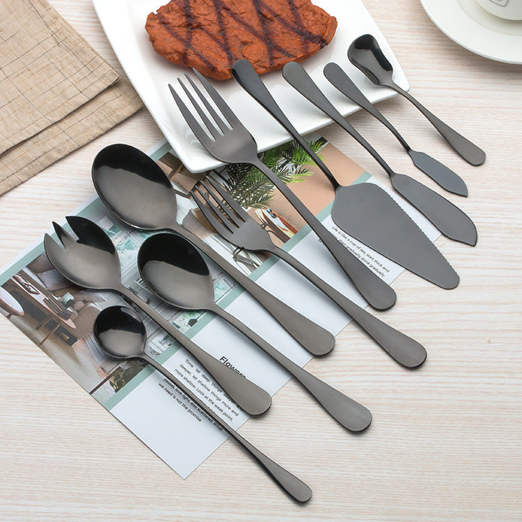 Black stainless steel Western cutlery spoon set with sleek handles, ideal for dining and table setting.