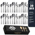 Black stainless steel Western cutlery spoon set with eight spoons displayed on a white background.