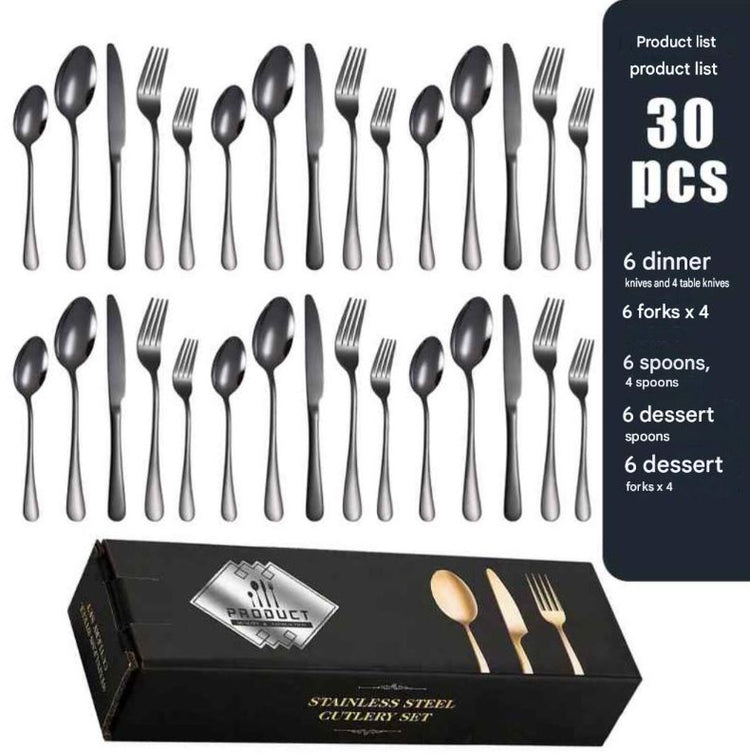 Black stainless steel Western cutlery spoon set with eight spoons displayed on a white background.