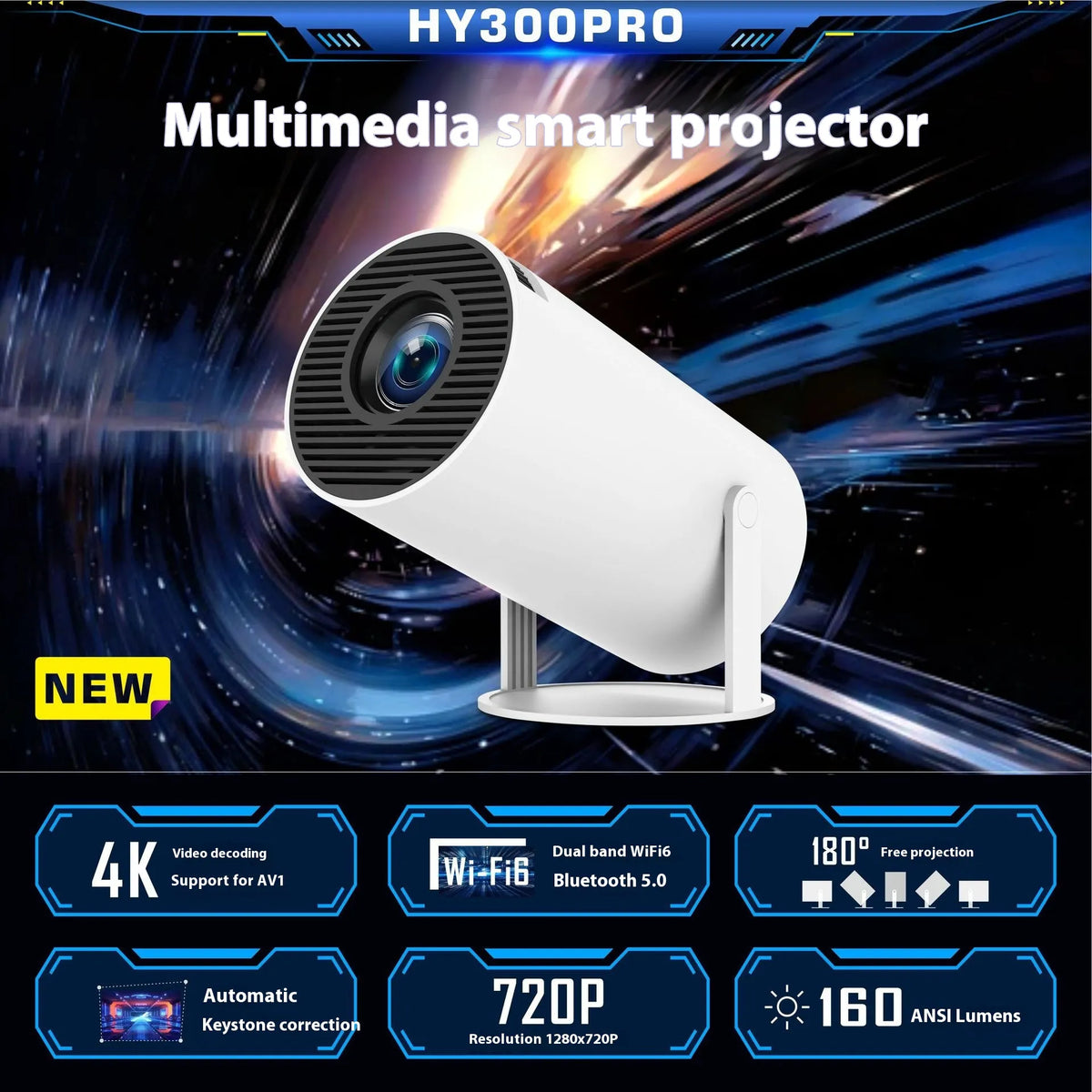 HY300 Pro portable home theater projector displaying vibrant images on a wall, ideal for entertainment and movie nights.