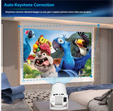 Portable HY300 Pro Projector for home theater entertainment, compact design with a clear projection image.