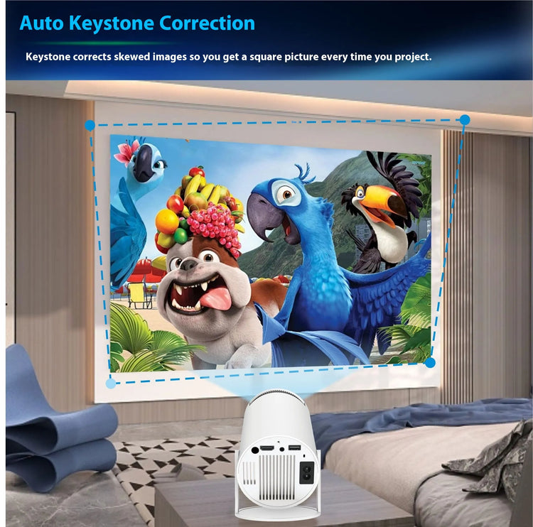 Portable HY300 Pro Projector for home theater entertainment, compact design with a clear projection image.