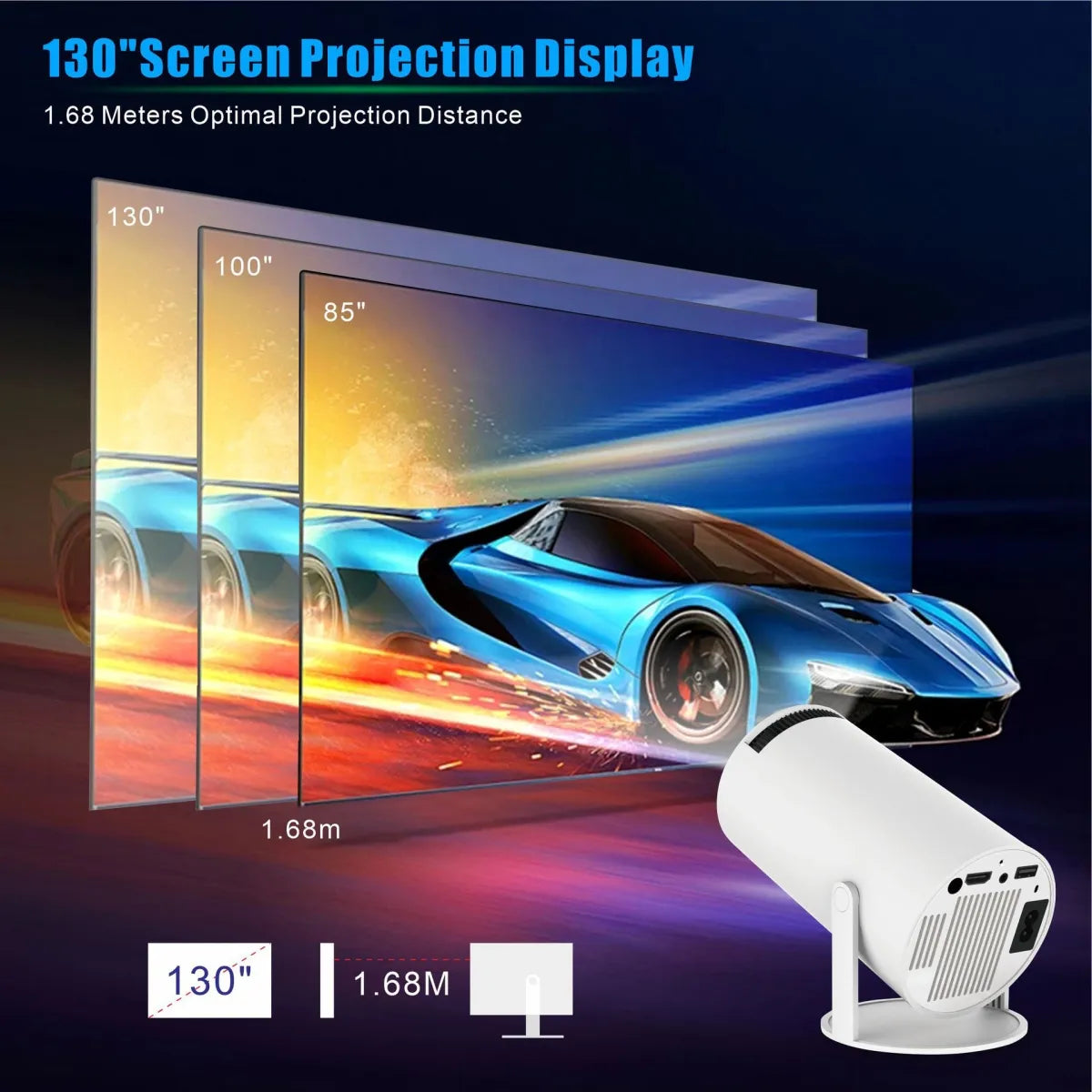 Portable HY300 Pro Projector from My Store showing a home theater setup with a projected image on a wall.