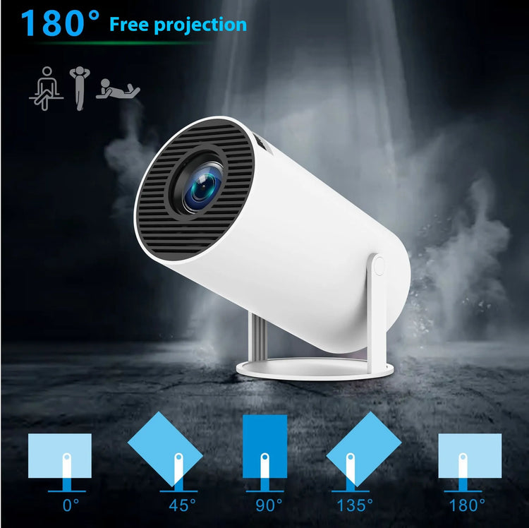 Portable HY300 Pro projector for home theater entertainment, compact design with lens and projection surface visible.