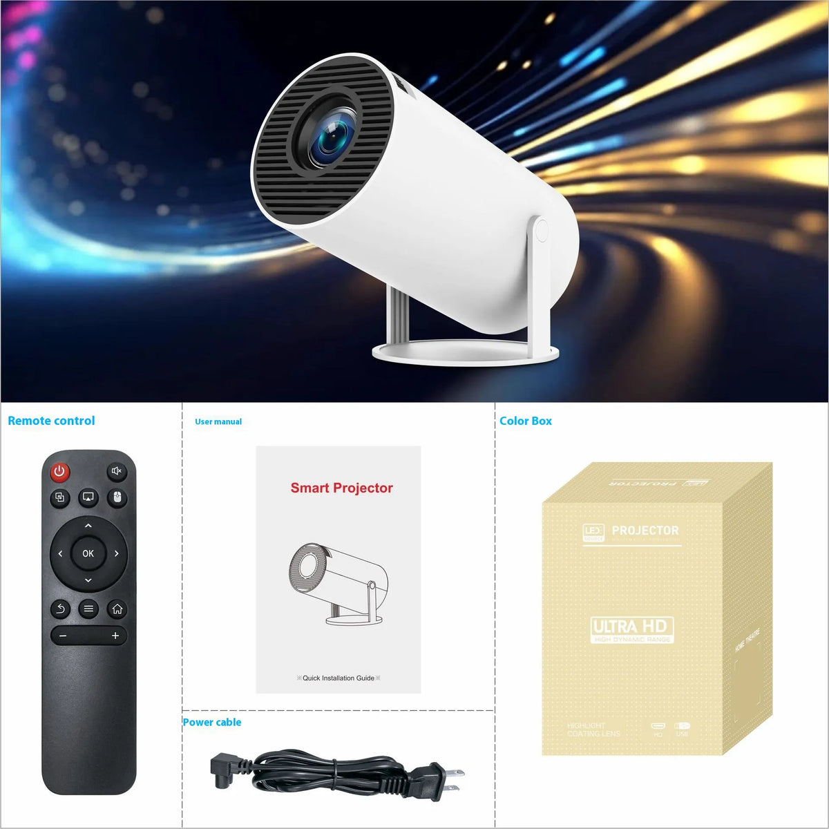 Portable HY300 Pro projector for home theater entertainment, compact design, projecting images onto a wall or screen.
