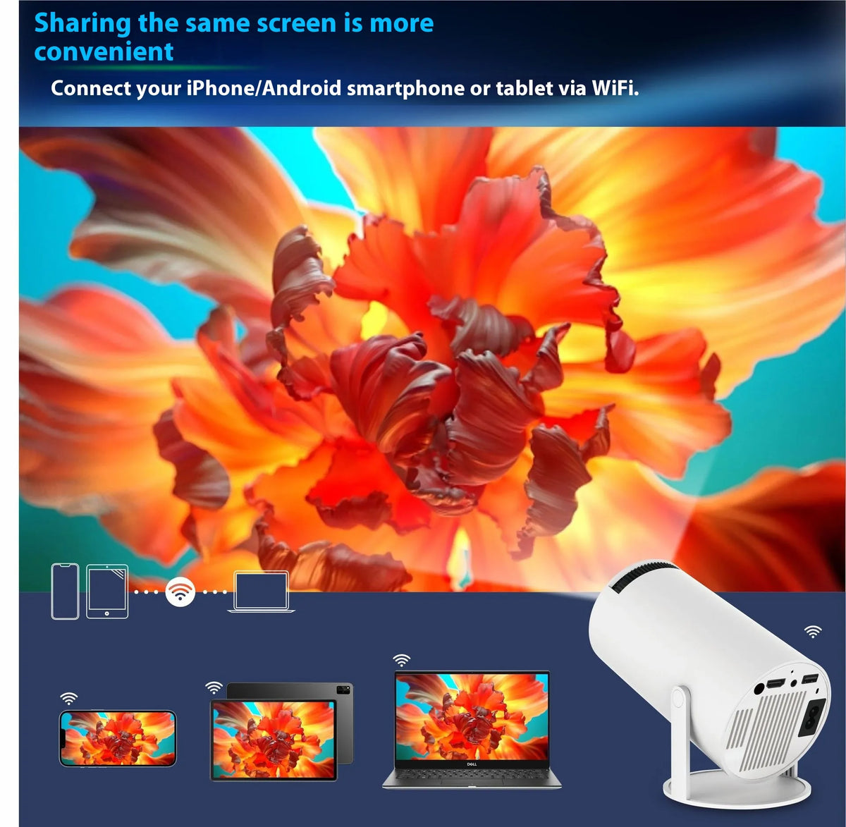Portable HY300 Pro projector by My Store showing a compact black device with lens and control buttons for home theater use.