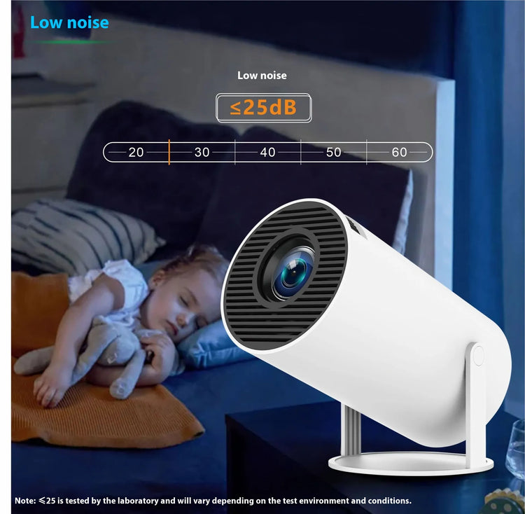 Portable HY300 Pro Projector from My Store showing a home theater setup with a bright image projection on a wall