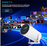 My Store HY300 Pro portable home theater projector displaying a vibrant movie scene on a wall.