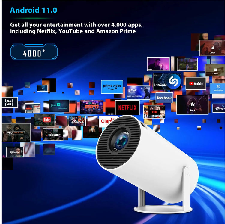 My Store HY300 Pro portable home theater projector displaying a vibrant movie scene on a wall.