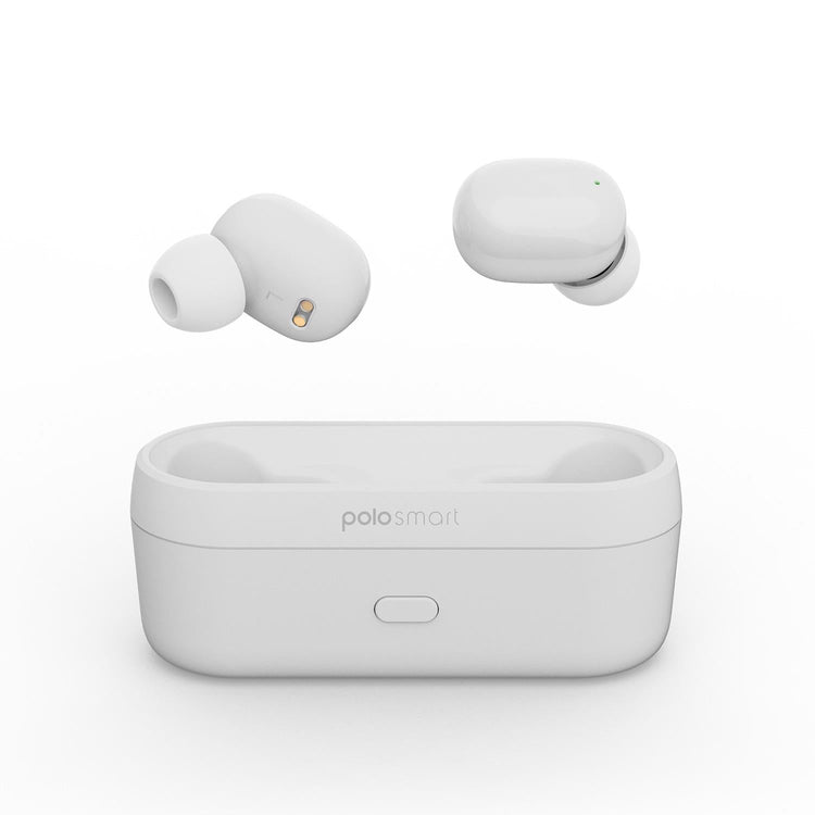 Polosmart FS55 wireless TWS earbuds in white with charging case, compact design, and in-ear fit.