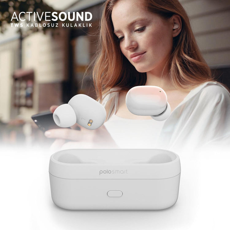 Polosmart FS55 wireless TWS earbuds in white with charging case, compact design and in-ear fit for portable audio.